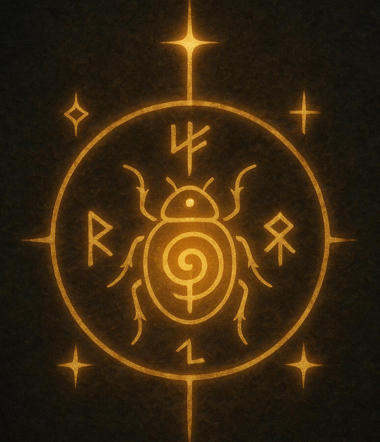 Glowing logo beetle glyph.